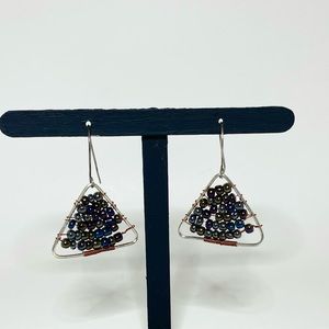 Handmade Brass Silver Triangle Dangle Earrings Black Iridescent Glass Beads